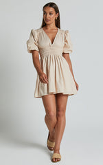 Francesca V Neck Puff Sleeves Mini Dress in Natural