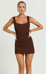 Kat Mini Dress - Linen Square Neck Dress in Chocolate
