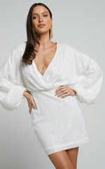 Erine Mini Dress - Long Sleeve Sequin Dress in White
