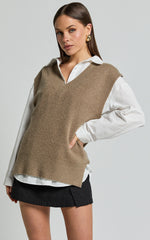 Chenelle Top - Sleeveless Knit Sweater Vest in Biscuit