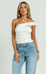 Lennox Top - Asymmetrical Gathered Shoulder Jersey Top in White