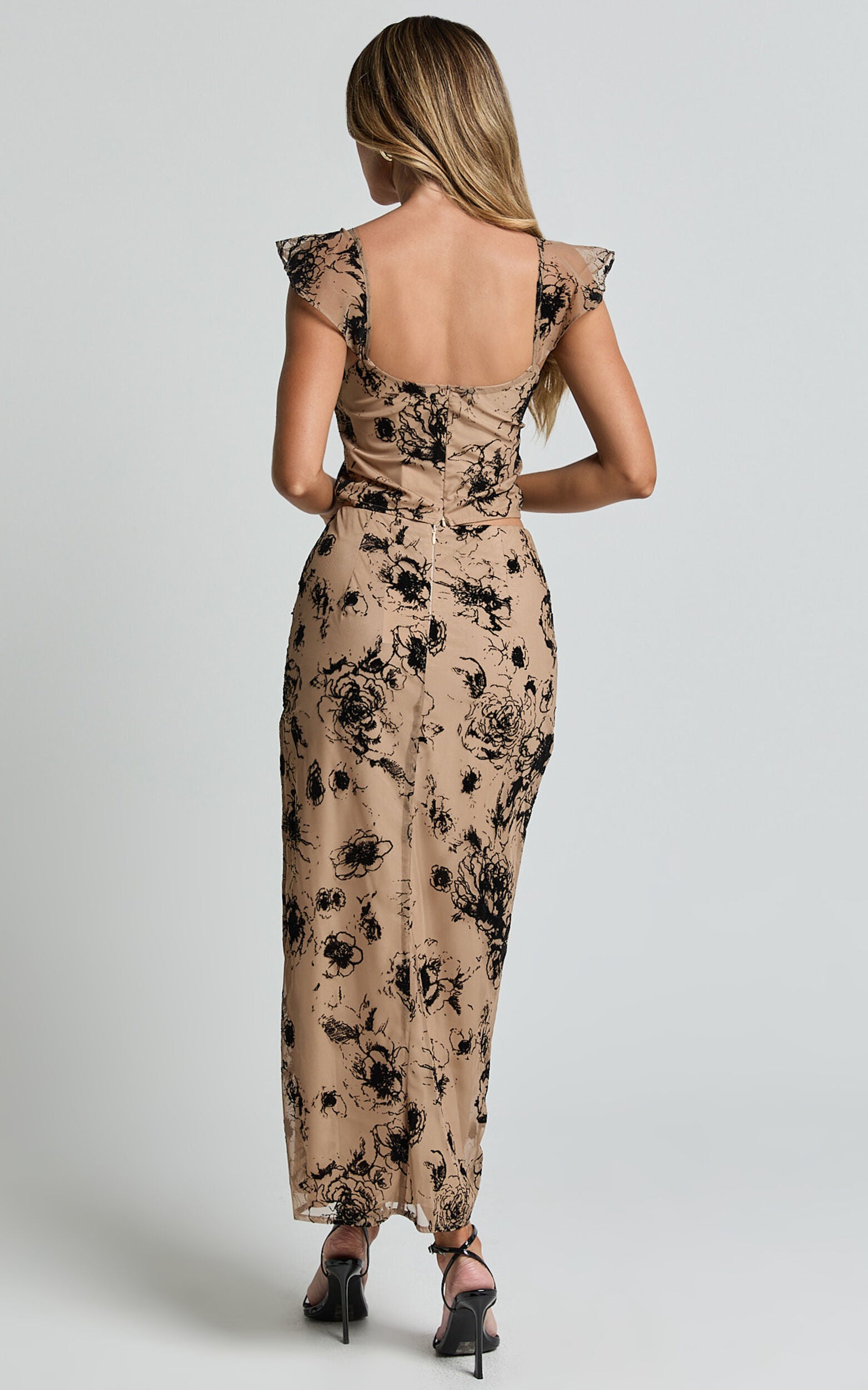 Athena Maxi Skirt - Floral Mesh High Waist Skirt in Brown and Black Burnout