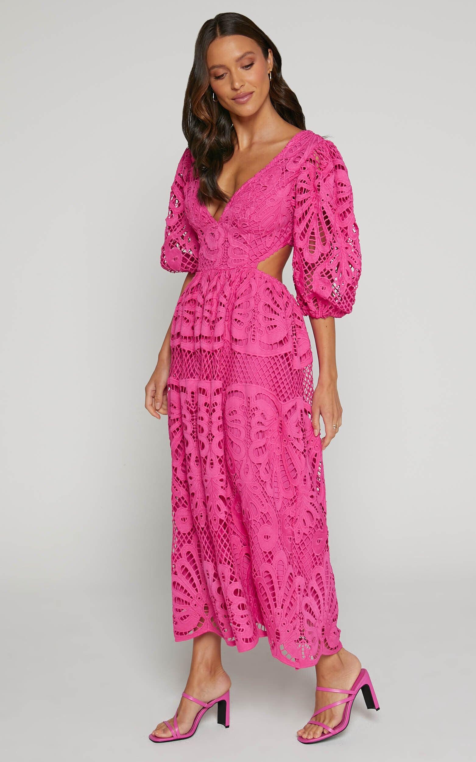 Anieshaya Midi Dress - V Neck Cut Out Lace Dress in Pink
