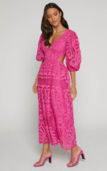 Anieshaya Midi Dress - V Neck Cut Out Lace Dress in Pink