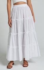 Aeonium Maxi Skirt - Cotton Elasticated Waist Tiered Skirt in Off White