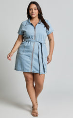 Nandini Mini Dress - Zip Through Denim Dress in Light Blue Wash