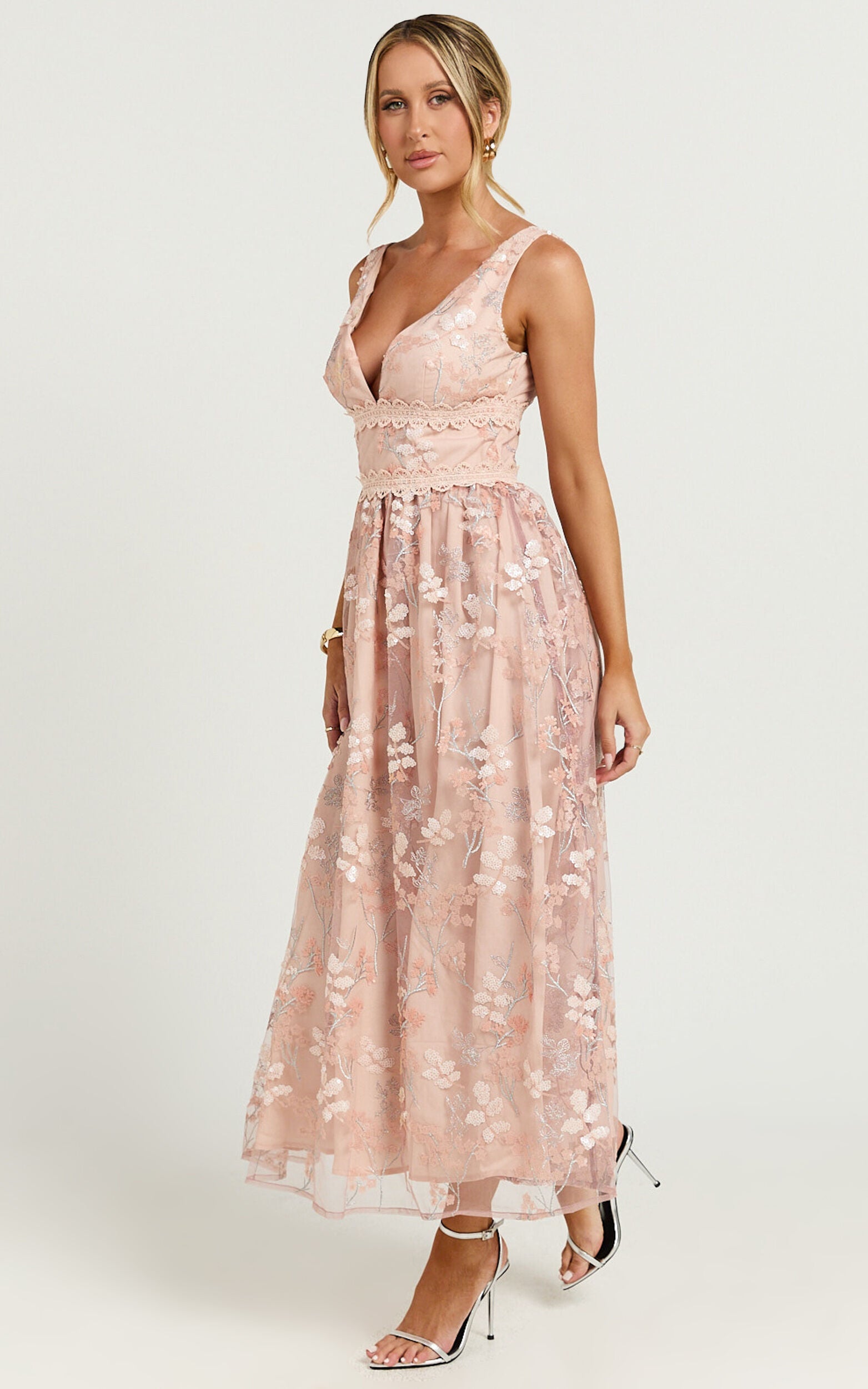 Seychelles Midi Dress - Plunge Embroidery 3d Floral Lace Dress in Light Pink