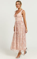 Seychelles Midi Dress - Plunge Embroidery 3d Floral Lace Dress in Light Pink
