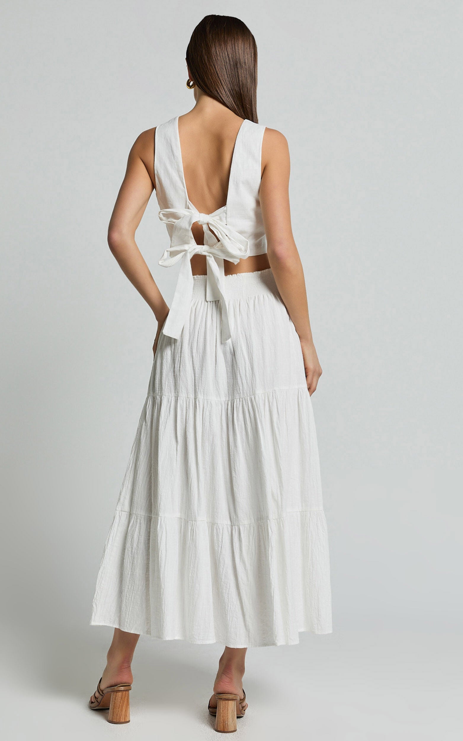 Ruby Midi Skirt - Shirred High Waist Cotton Tiered Midi Skirt in Off White