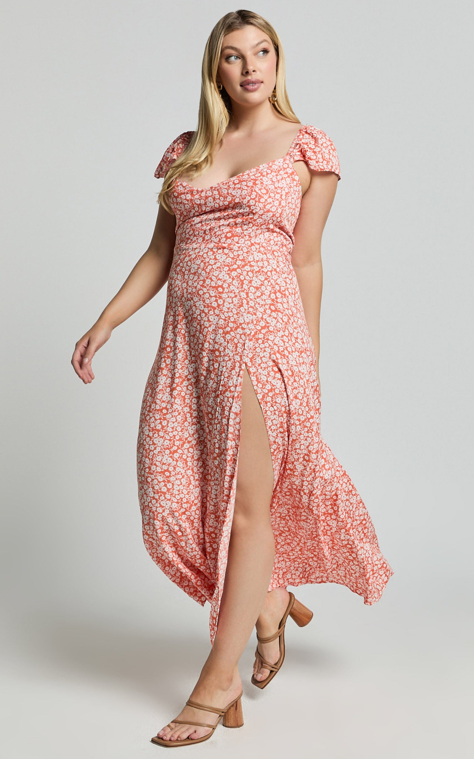 Donissa Midi Dress - Thigh Split Flutter Sleeve Dress in Orange Floral