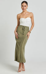 Wilhelmine Maxi Skirt - Cupro High Waisted Drawstring Slip Skirt in Moss