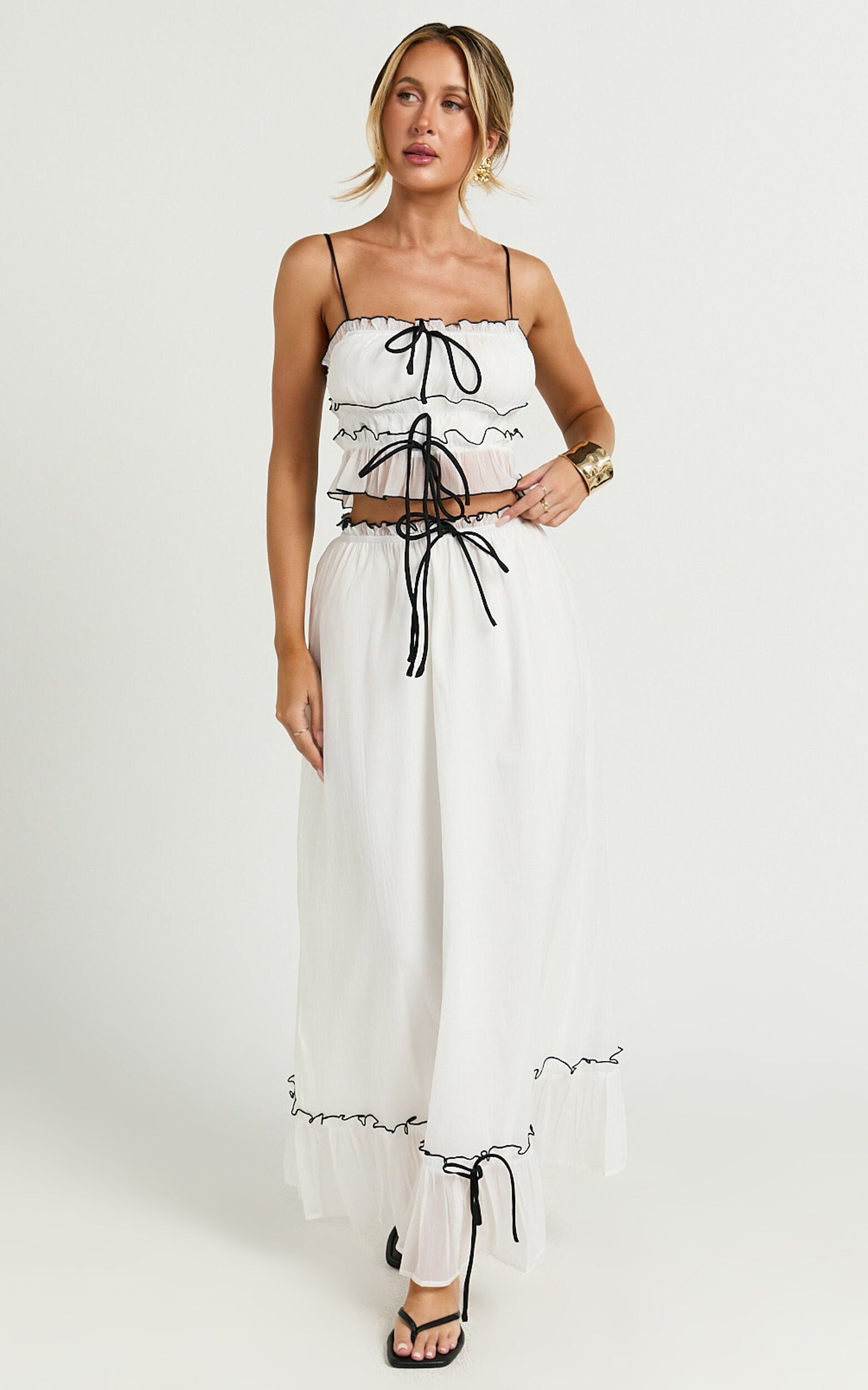 Jaden Maxi Skirt - Gathered Contrast Tie Detail Skirt in Cream