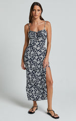 Ely Midi Dress - Strappy Ruched Bust Side Split Dress in Navy Floral