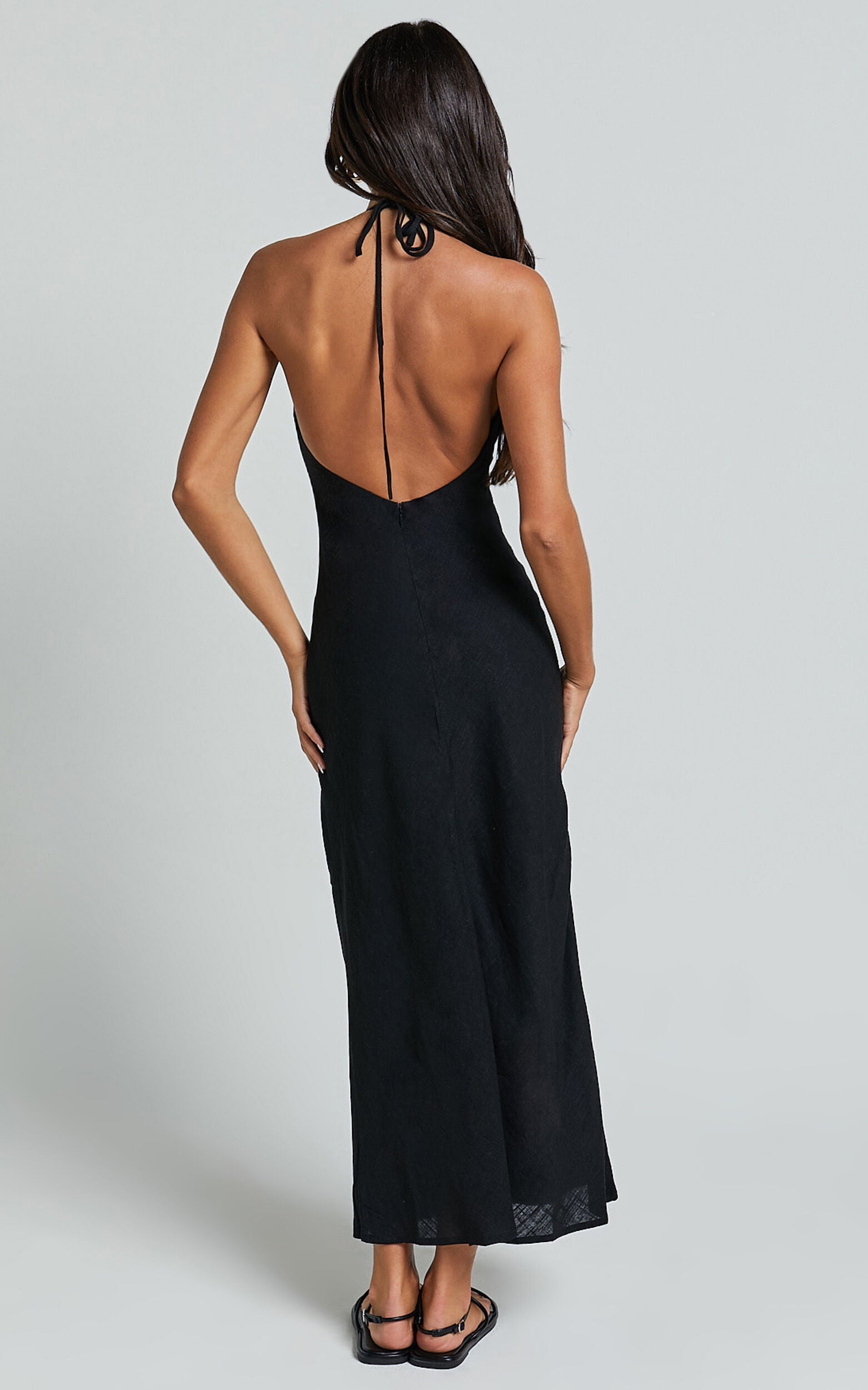 Cyrena Maxi Dress - Linen Halter Neck Sleeveless Slip Dress in Black