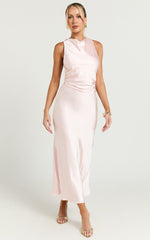 Aluna Midi Dress - High Neck Cross Back Satin Slip Dress in Soft Pink