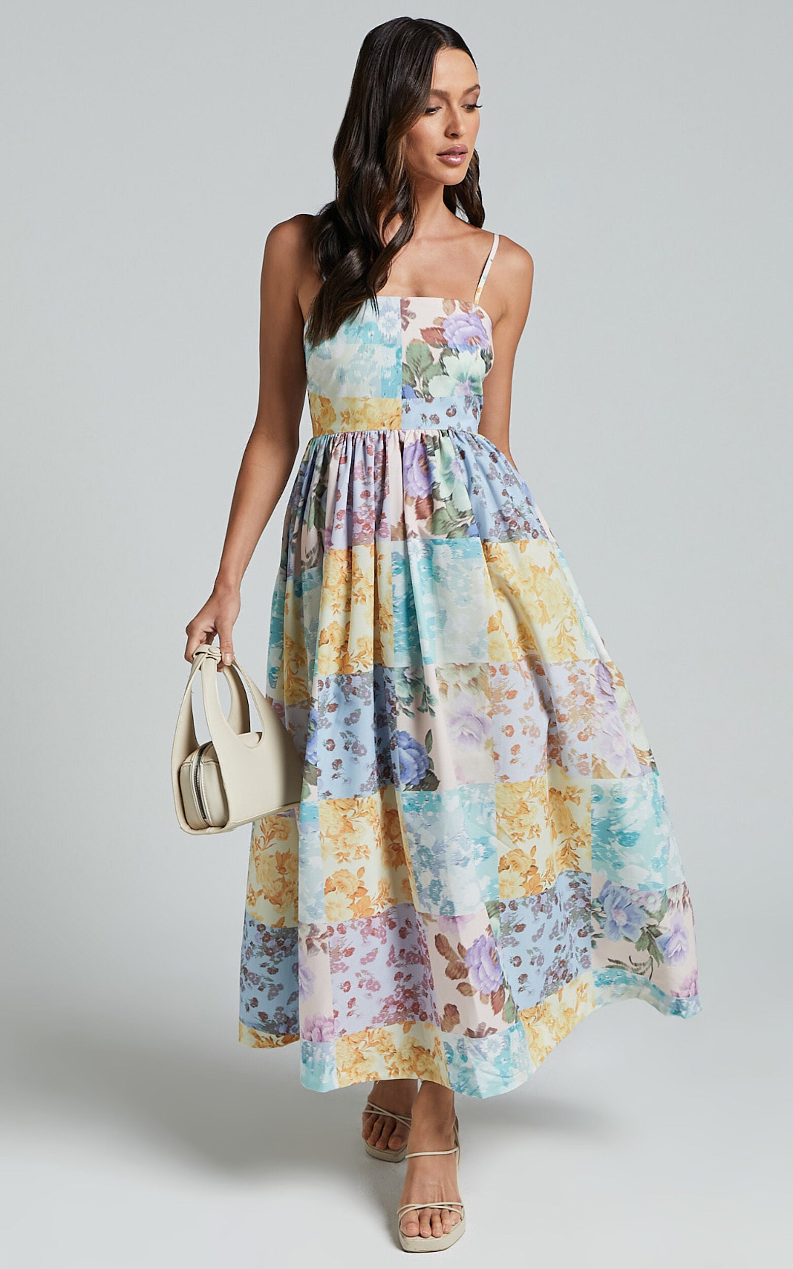 Carolynne Midi Dress - Strappy Empire Waist Dress in Vintage Floral