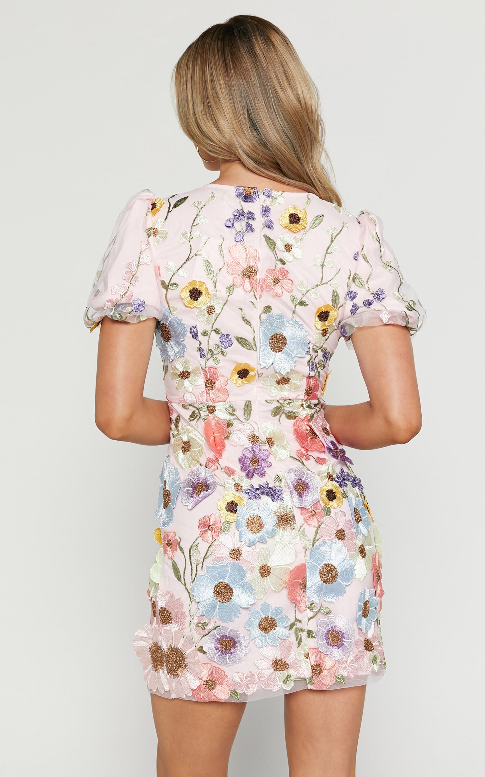 Wren Mini Dress - Puff Sleeve Bodycon 3d Garden Flowers Dress in Pink