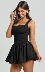Bridgette Mini Dress - Straight Neck Sleeveless Bubble Hem Dress in Black