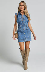 Jasse Mini Dress - Button Through Denim Dress in Mid Blue Wash