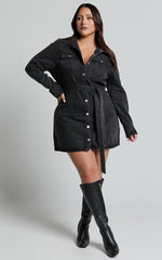 Enriquetta Mini Dress - Cotton Denim Long Sleeve Button Up Dress in Washed Black