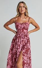 Lydie Midi Dress - Strappy Ruched Bust Shirred Back Dress in Whirlwind Floral Print