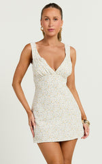 Amalea Mini Dress - Wide Strap Ruched Bust Dress in Blue & Yellow Ditsy Floral