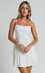 Gelli Mini Linen Dress - Strappy Lace Detail Dress in White