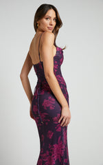 Ariel Midi Dress - Mesh Bodycon Tie Detail Dress in Purple Floral
