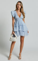 Elbertine Mini Dress - Flutter Sleeve Pleated Dress in Pale Blue