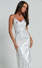 Robynne Maxi Dress - Strappy V Neck Slip Dress in White and Silver