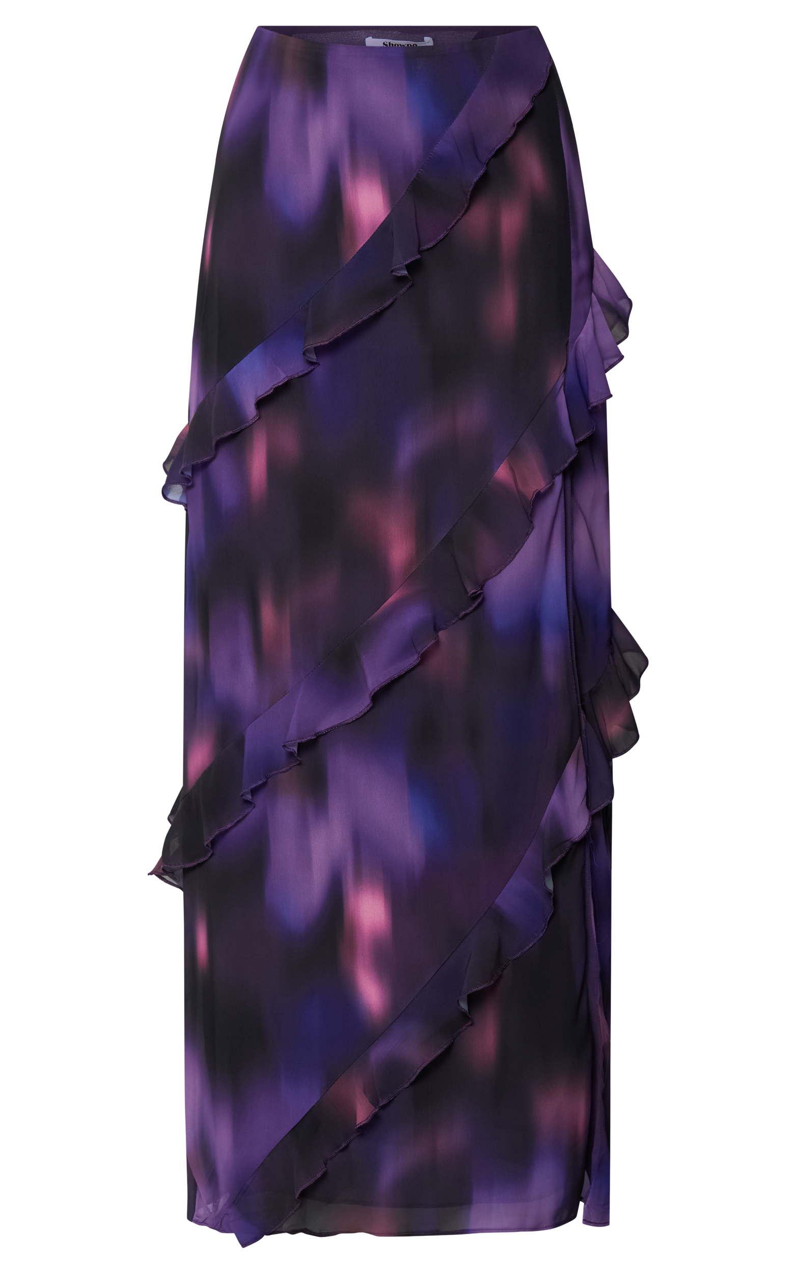 Velma Maxi Skirt - Recycled Tiered Ruffle Thigh Split Skirt in Violet Night Print