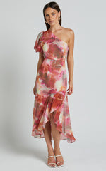 Labelle Midi Dress - Recycled Polyester One Shoulder Asymmetric Dress in Haze Floral
