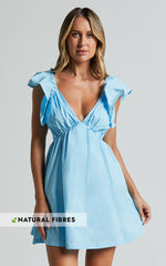 Raiza Mini Dress - Ruffle Sleeve Tie Back Plunge Dress in Bright Blue