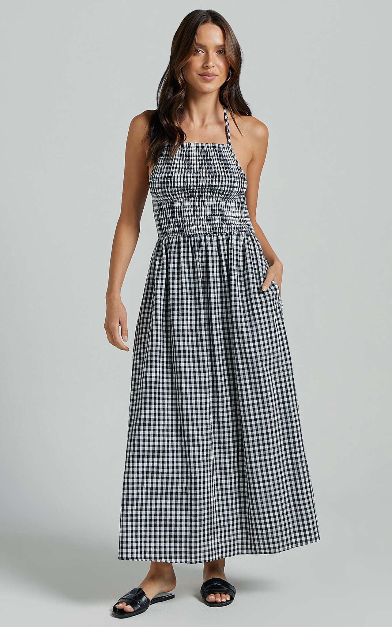 Aimie Midi Dress - Strappy Halter Neck Shirred Top in White Check