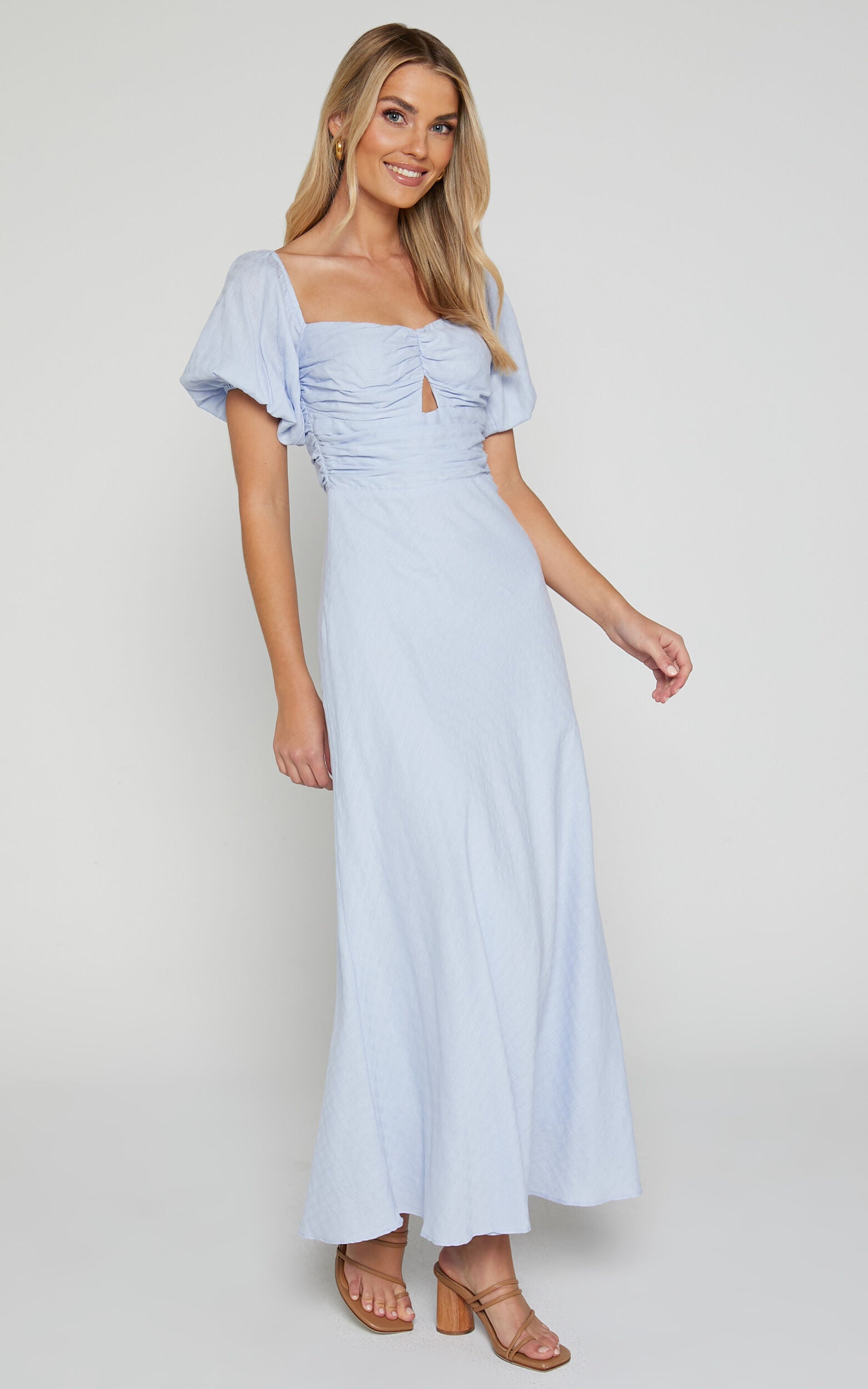 Vynna Midi Dress - Scoop Neck Puff Sleeve Ruched Bust A Line Dress in Blue