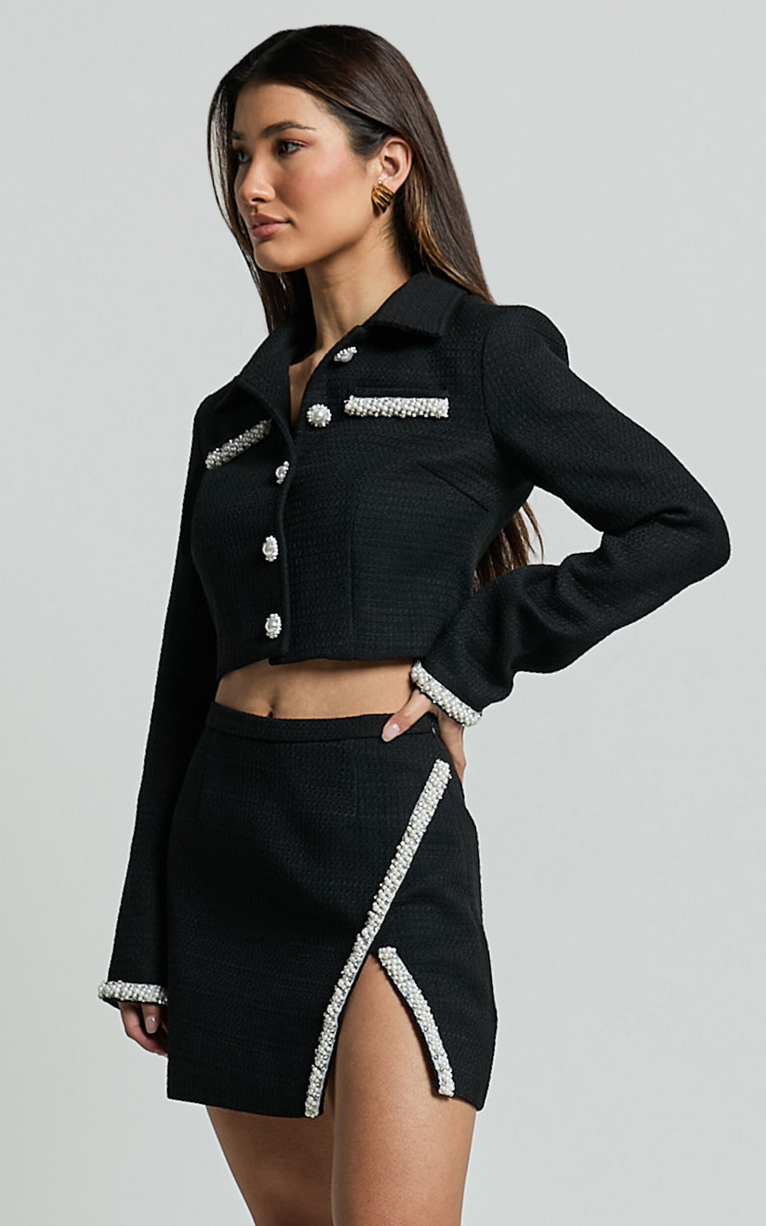 Donatella Mini Skirt - Boucle Pearl Trim Side Split Mini Skirt in Black