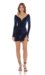 Velvet Ruffle Slit Dress in Navy