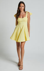Clyde Mini Dress - Sweetheart Tie Strap Broderie Anglaise Dress in Lemon
