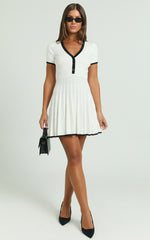 Vivienne Mini Dress - Short Sleeve Pleated Skirt Knitted Dress in Cream