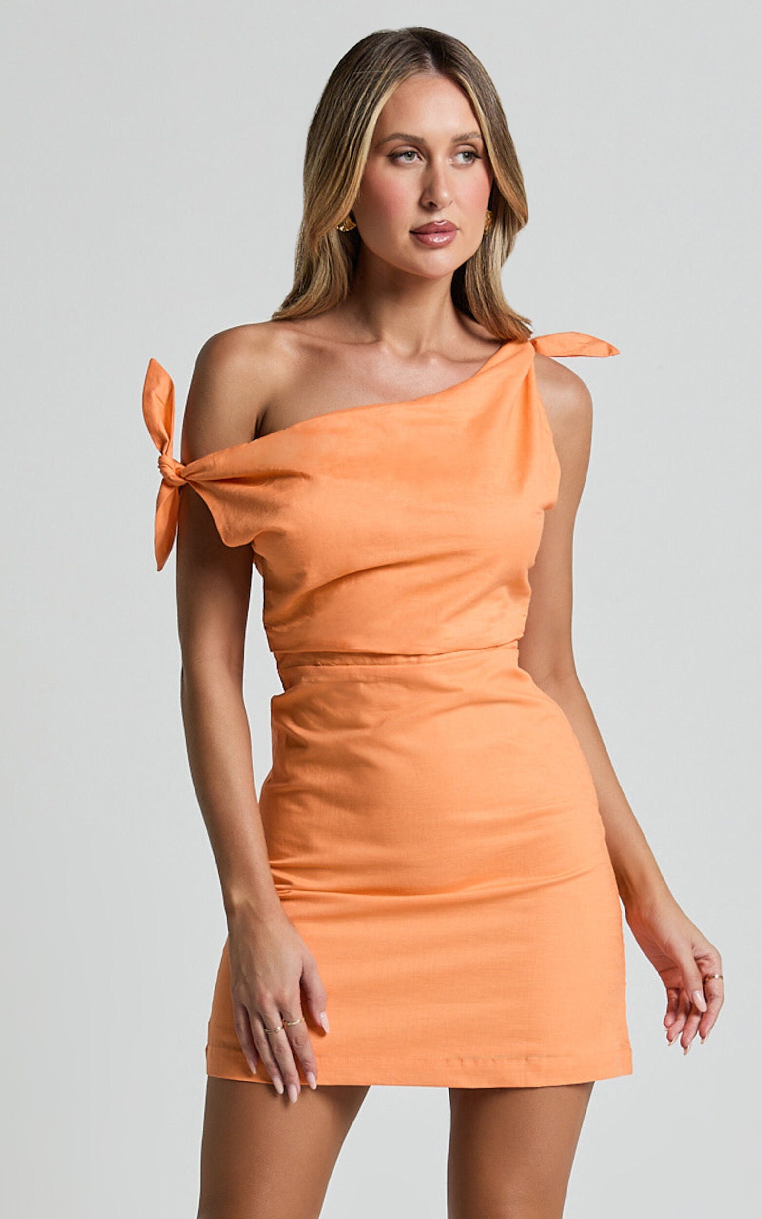 Jeofina Mini Dress - Off The Shoulder Linen Look Dress in Orange