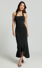 Maris Midi Dress - Full Length Halter Tie Neck Dress in Black