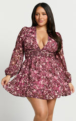 Eleanor Mini Dress - Plunge Twist Front Jacquard Dress in Wine Floral