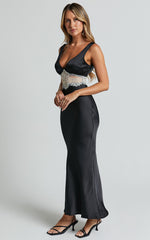Juliet Midi Dress - V Neck Lace Insert Satin Slip Dress in Black/Beige