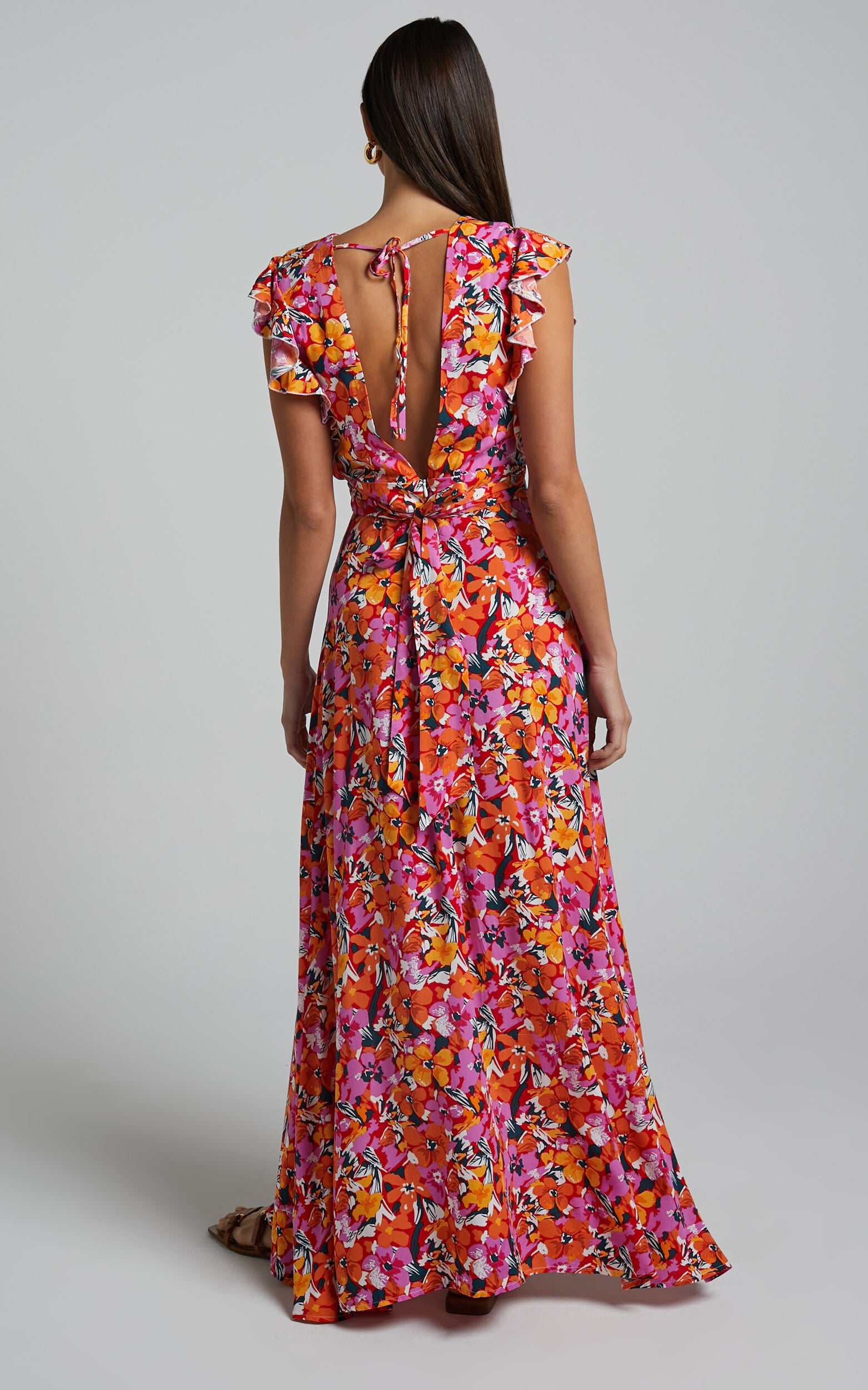 Dyliah Maxi Dress - Thigh Split Frill Shoulder Plunge Neck Dress in Spring Floral