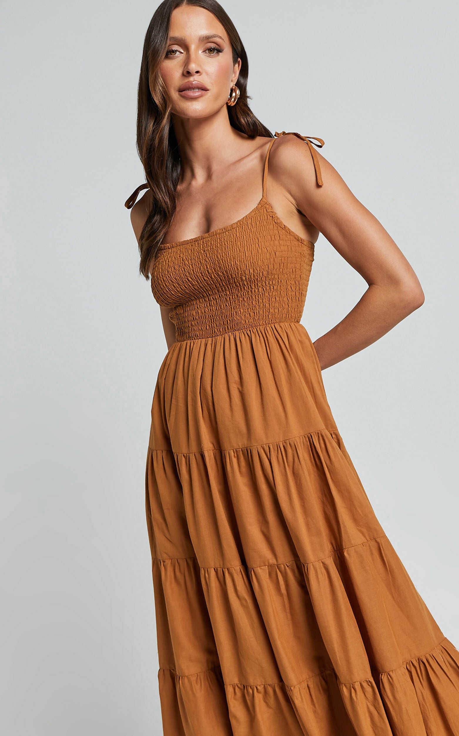 Angie Maxi Dress - Tie Strap Ruched Tiered Dress in Chocolate