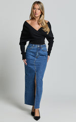 Petra Top - Long Sleeve Wrap Ribbed Knit Top in Black
