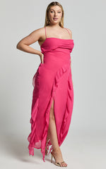 Connie Midi Dress- Ruffle Detail Dress in Hot Pink