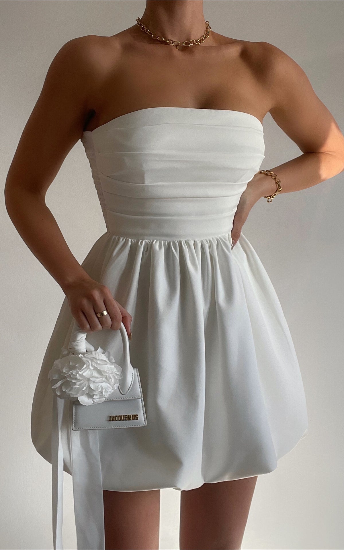 Shaima Mini Dress - Strapless Bubble Hem Dress in White