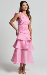 Eugenia Midi Dress - One Shoulder Fit and Flare Layered Dress in Pink