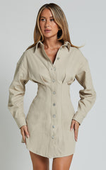 Sofia Mini Dress - Button Through Long Sleeve Dress in Stone